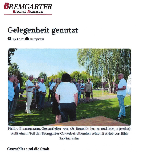 Stationäre Sonderschule, St. Benedikt Hermetschwil - 2023 - 23.08.2023
Bremgarter Bezirks Anzeiger
Firmentreffen